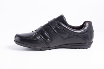 Male black leather elegant shoe on white background, isolated product, comfortable footwear.