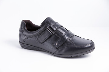 Male black leather elegant shoe on white background, isolated product, comfortable footwear.