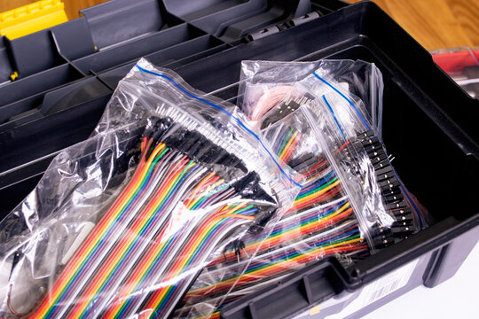 Colored wires in bags in a box