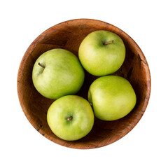 Green apples in a bowl isolated over white background