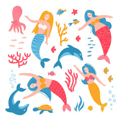 Set of cute adult mermaid girls, starfish, dolphins, octopus, fishes, shells. Color vector cartoon isolated illustrations