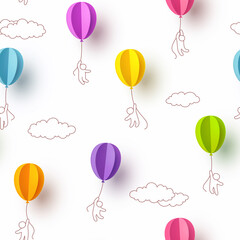 Balloons with kids flying on white cloudy sky background. Vector 3d colorful paper ballons seamless pattern for Happy children's day, birthday party or baby design