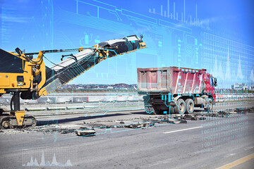 application of future technologies for data analysis via the global Internet and full automation of road construction without the participation of workers - obrazy, fototapety, plakaty
