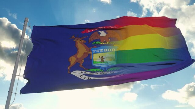 Flag of Michigan and LGBT. Michigan and LGBT Mixed Flag waving in wind