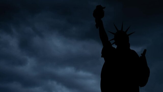 Lightning and Thunderstorm flash over American Simbol Statue of Liberty. Concept on topic weather