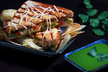 Veg Sandwich with French Fries and Mint and Coriander Chutney on the side 