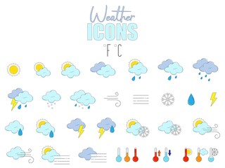 Vector illustration. Set of weather icons. Weather stickers