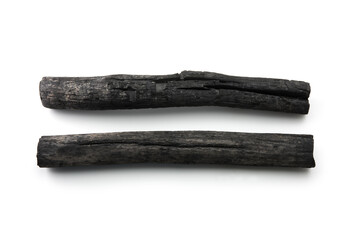 Two natural wood charcoal Isolated on white. Kishu binchotan, japanese traditional white charcoal...