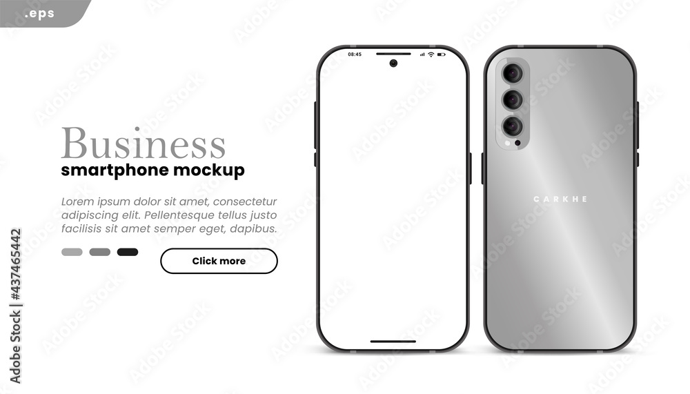Poster Grey Business Smartphone frame less blank screen. 3D phone illustration front and back. Mockup device. Template for infographics or presentation UI UX design interface.