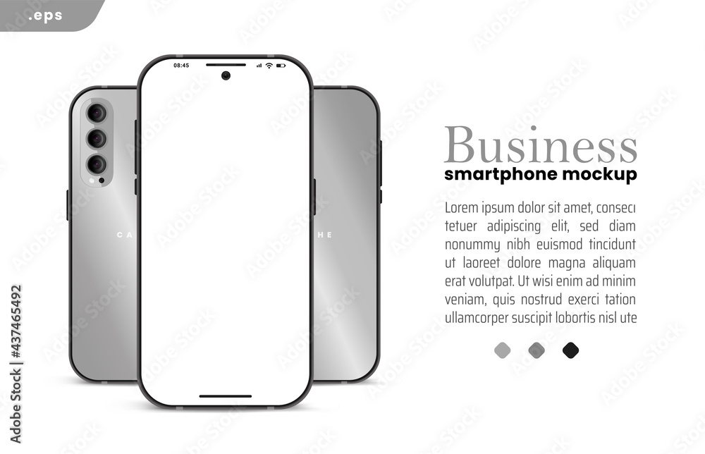 Poster Grey Business Smartphone frame less blank screen. 3D phone illustration front and back. Mockup device. Template for infographics or presentation UI UX design interface.