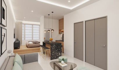 Apartamento estudio con sala y cocina, 3d render