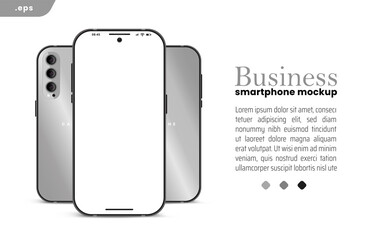 Grey Business Smartphone frame less blank screen. 3D phone illustration front and back. Mockup device. Template for infographics or presentation UI UX design interface.