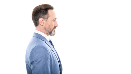 male formal fashion. bearded ceo. confident boss with graying hair. copy space.