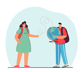Man holding globe and woman showing point destination. Friends planning trip flat vector illustration. Travel, tourism, travelers concept for banner, website design or landing web page.