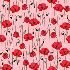Beautifull wild poppy flowers fabric pattern design