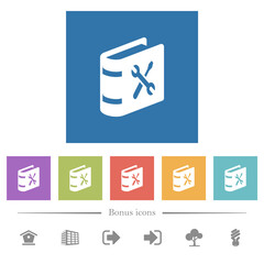 User guide with wrench and screwdriver flat white icons in square backgrounds