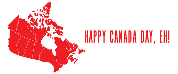 Happy Canada Day with the red map of Canada on the white background
