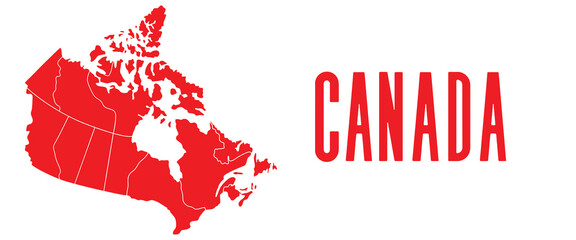 Red map of Canada on the white background with the word Canada to the right