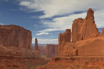 Arches National Park in Utah displays remarkable beauty in sandstone rock formations of Park Avenue monument 