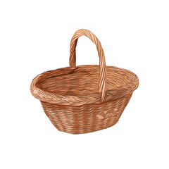 Obraz premium Wooden rounded wicker basket from splash of watercolors, colored drawing, realistic. Vector illustration of paints
