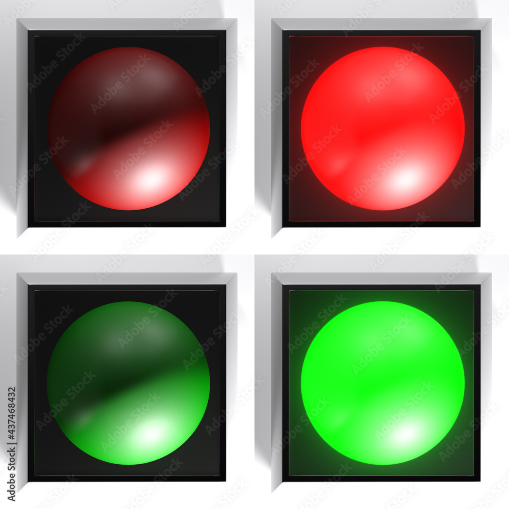 Poster set of black checkboxes with red and green light, on and off - 3d rendering illustration