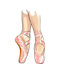 Legs of ballerina in ballet shoes , colored drawing, realistic. Vector illustration of paints - obrazy, fototapety, plakaty