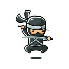 Cartoon black little ninja jump with two swords