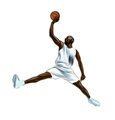 Abstract basketball player with ball from splash of watercolors, colored drawing, realistic. Vector illustration of paints - obrazy, fototapety, plakaty