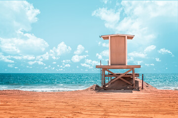 Lifeguard tower on the beach of  Long Beach, California - Powered by Adobe