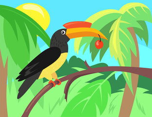Toucan with berry illustration in cartoon style. Exotic bird with cherry sitting on tree branch. Cute jungle animal, bird. Wildlife, nature concept for website or landing page