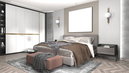 mock up poster frame in modern monochrome interior background, Bed room, Scandinavian style premium photo	