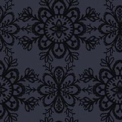 Seamless almost black tribal ethnic rug motif pattern. High quality illustration. Hand drawn symmetric native style design in dark gray and black with texture. Old artisan textile seamless pattern.