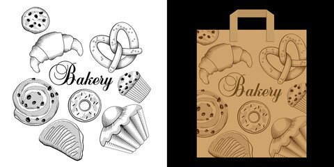 Ensemble de dessins de pâtisseries pour décorer les emballages d’une boulangerie, croissant, bretzel, brioche, chausson aux pommes, cookie, donut, muffin, pain aux raisins.