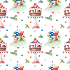 Bright seamless pattern with watercolor birthday illustrations. Hand drawn elements: cake, bouquet of flowers and summer berries,  strawberry and stains. Summer texture.  