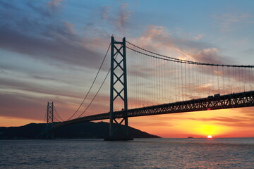 bridge, Akashi Kaikyo 夕暮れの明石海峡大橋
