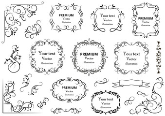 Decorative swirls or scrolls, vintage frames , flourishes, labels and dividers. Retro vector illustration