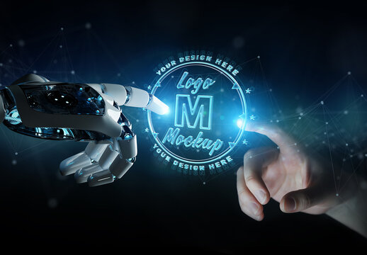 Futuristic Logo Mockup with Robot and Human Hands