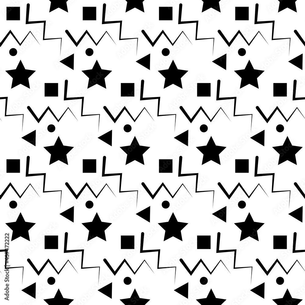 Poster Vector simple black shapes pattern. Vector seamless ornament with stars, triangles, circles and squares.