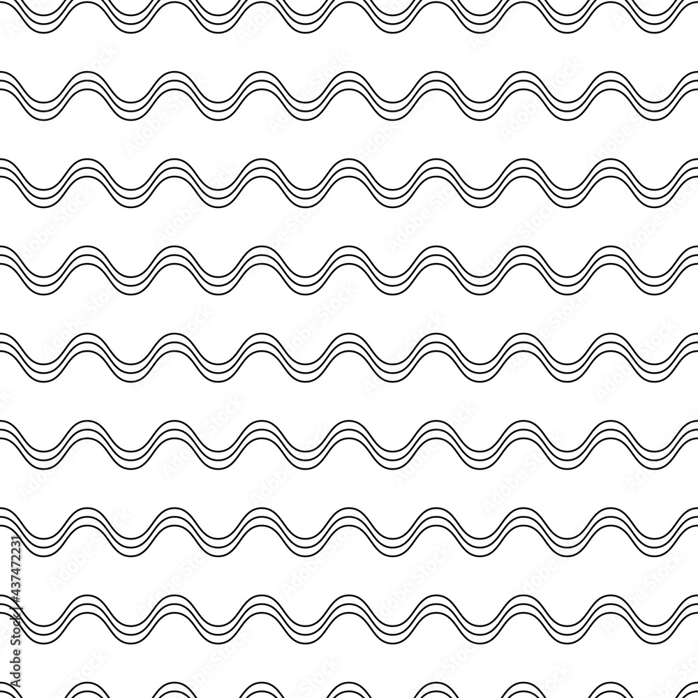 Aufkleber Triple waves pattern. Vector seamless black wavy lines. Simple waves and white background.