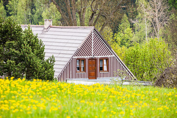 Borovnicka, Czech republic - May 15, 2021. Detail of traditional old houses in Podkrkonosi region