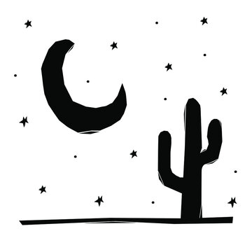 Woodcut-style drawings with moon and cactus. drawings for the traditional brazilian party of são joão.