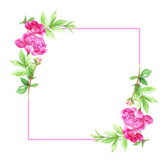 Watercolor square frame from pink peonies, leaves, buds and twigs. Illustration of bright summer flowers for invitation, menu, greeting cards.