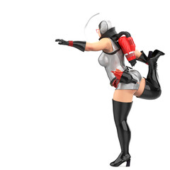astronaut pinup girl is stretching rear view with space copy
