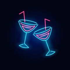 Cheers toast. Neon cocktail. Fashion sign. Night light signboard, Glowing banner. Summer emblem. Club Bar logo on dark background. Alcohol drink with an umbrella in a glass.