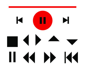 Media player icon set. Set of symbols and multimedia audio, music speaker volume, interface, media player button design. Play, pause, stop, record, forward, backward, previous, next, perfect pixel