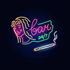 Neon Girl and a cigarette. Fashion sign. Night light signboard, Glowing banner. Summer emblem. Club Bar logo on dark background. Party woman.