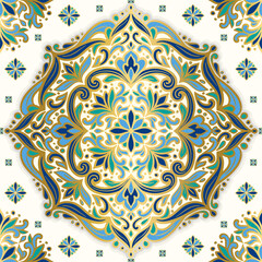 Blue and gold luxury seamless pattern on a white background. Vector ornament template. Traditional Turkish, Indian motifs. Great for fabric and textile, wallpaper, packaging or any desired idea.