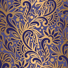 Blue and gold leaves seamless pattern. Abstract vector ornament template. Paisley elements. Great for fabric, invitation, background, wallpaper, decoration, packaging or any desired idea.