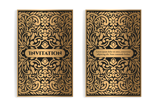 Black and gold luxury invitation card design with vector pattern. Vintage ornament template. Can be used for background and wallpaper. Elegant and classic vector elements great for decoration.