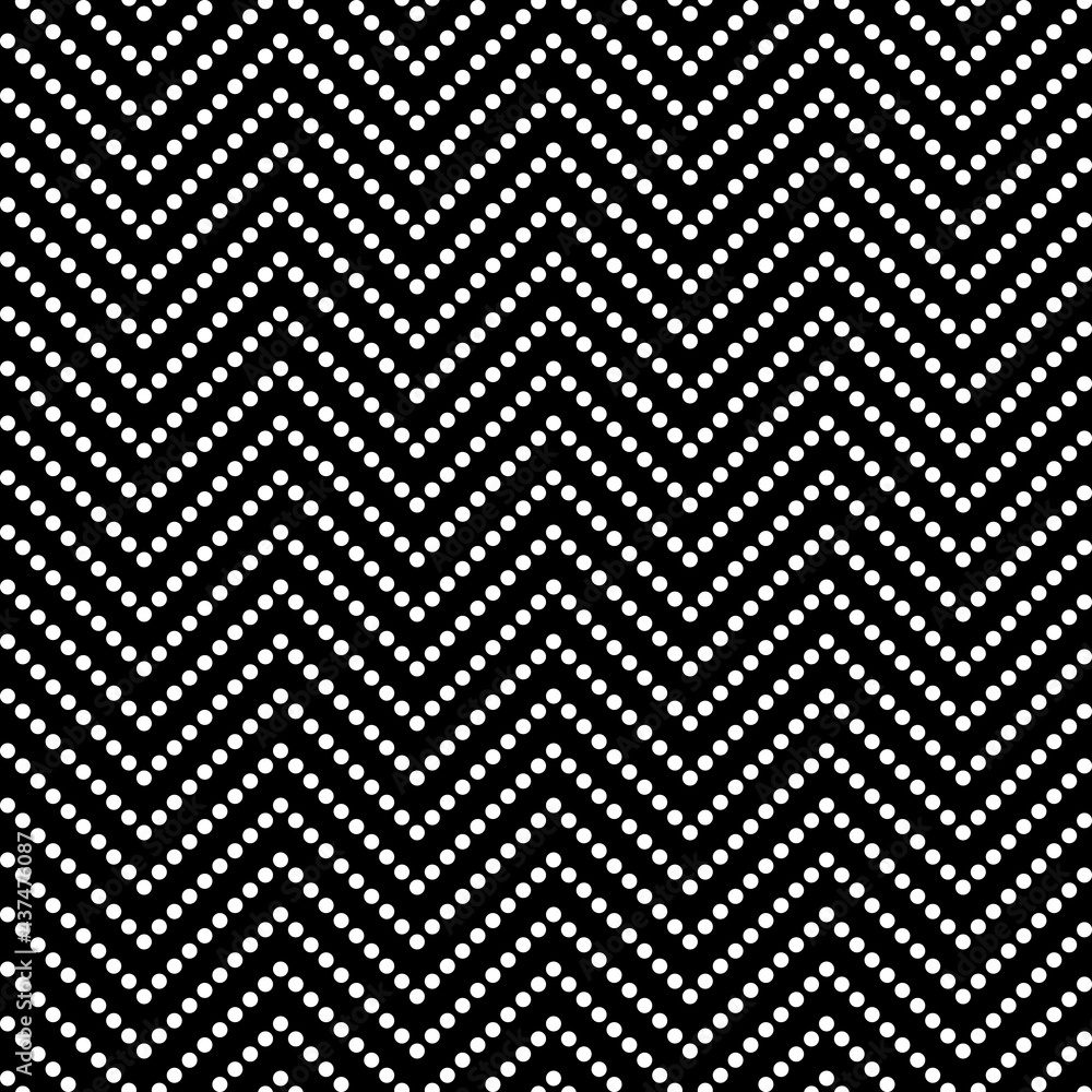 Poster black background and white little circles make zig zag ornament. vector seamless dots arrows.